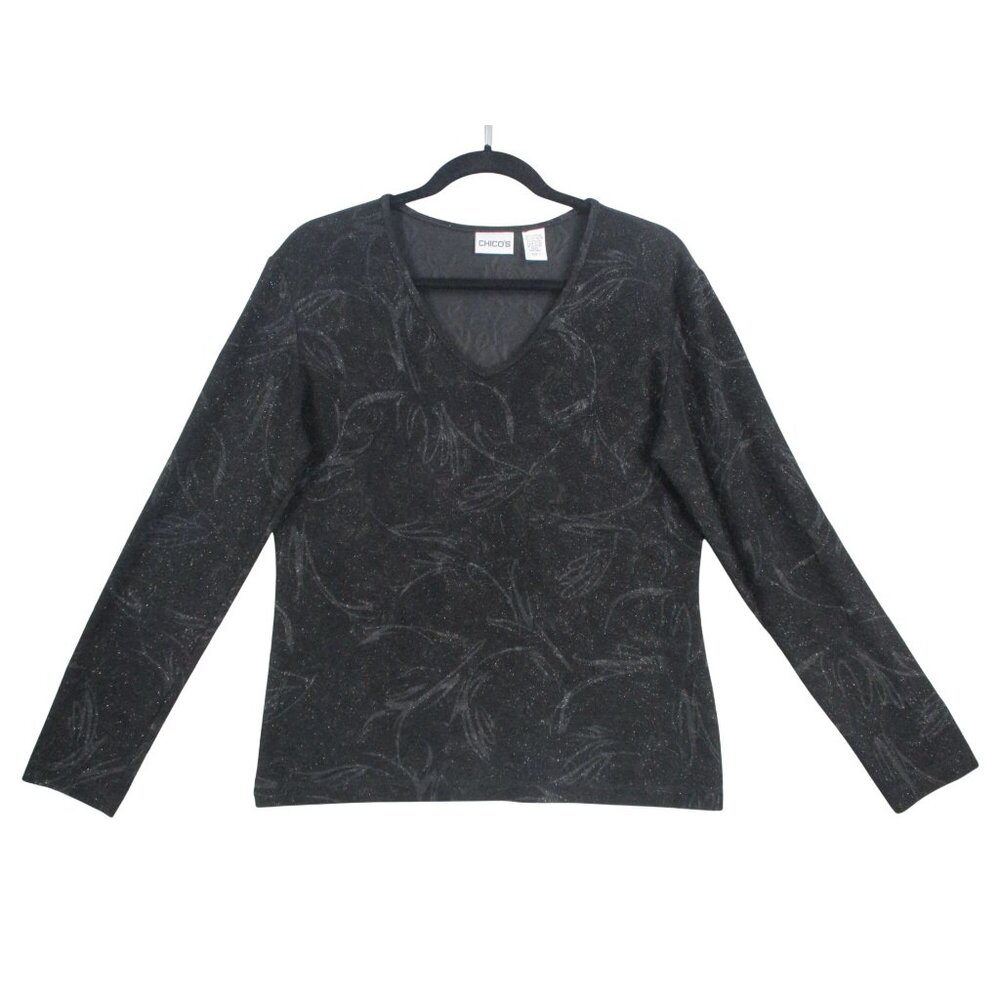Chicos Black Long-Sleeve V-Neck‎ Top With Subtle Glitter & Leaf Pattern Size 1